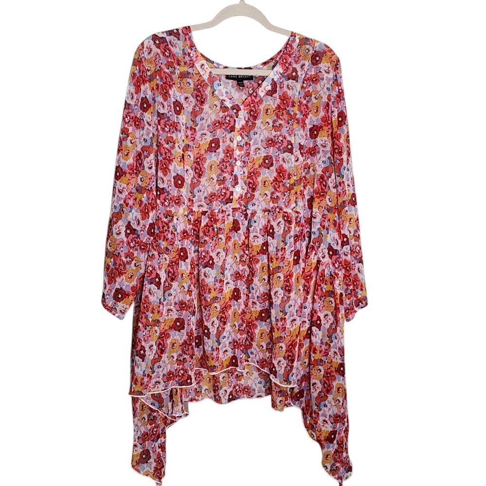 Lane Bryant top floral sheer asymmetrical 3/4 sleeve flowy lightweight 18/20 2X